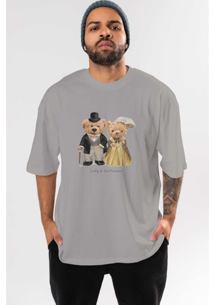 Teddy Bear Couple Ön Baskılı Gri Oversize T-Shirt Unisex Erkek Kadın Bisiklet Yaka