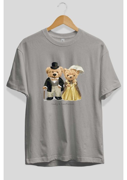 Teddy Bear Couple Ön Baskılı Gri Oversize T-Shirt Unisex Erkek Kadın Bisiklet Yaka fiyatları