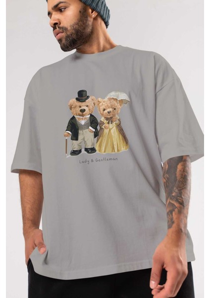 Teddy Bear Couple Ön Baskılı Gri Oversize T-Shirt Unisex Erkek Kadın Bisiklet Yaka modelleri