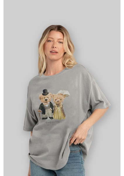 Teddy Bear Couple Ön Baskılı Gri Oversize T-Shirt Unisex Erkek Kadın Bisiklet Yaka fırsatları