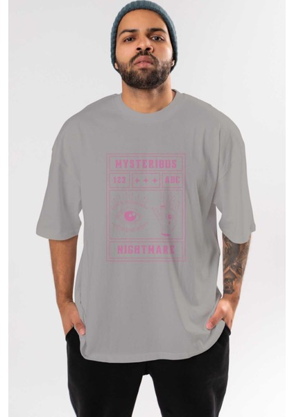 Mysterious Nightmare Ön Baskılı Gri Oversize T-Shirt Unisex Erkek Kadın Bisiklet Yaka