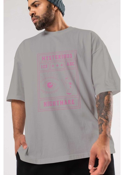 Mysterious Nightmare Ön Baskılı Gri Oversize T-Shirt Unisex Erkek Kadın Bisiklet Yaka modelleri