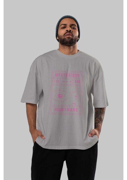 Mysterious Nightmare Ön Baskılı Gri Oversize T-Shirt Unisex Erkek Kadın Bisiklet Yaka indirimleri