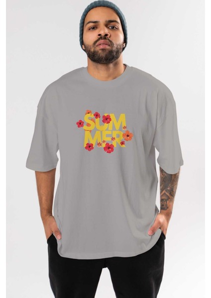 Summer Yazılı 2 Ön Baskılı Gri Oversize T-Shirt Unisex Erkek Kadın Bisiklet Yaka