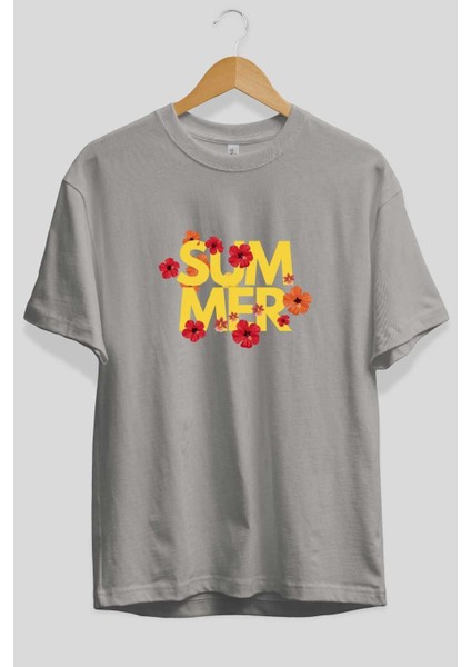 Summer Yazılı 2 Ön Baskılı Gri Oversize T-Shirt Unisex Erkek Kadın Bisiklet Yaka fiyatları