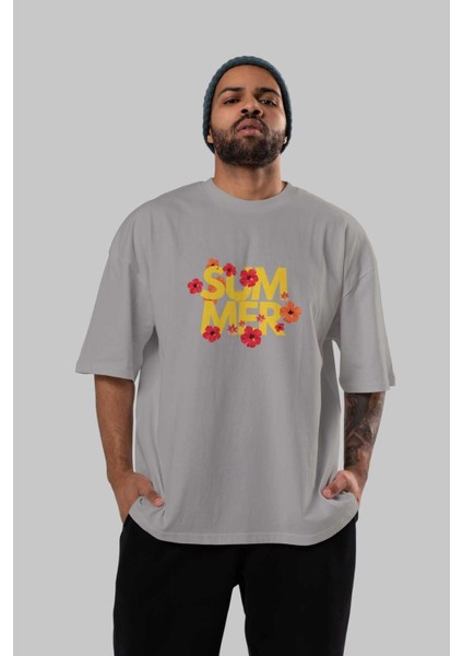 Summer Yazılı 2 Ön Baskılı Gri Oversize T-Shirt Unisex Erkek Kadın Bisiklet Yaka indirimleri