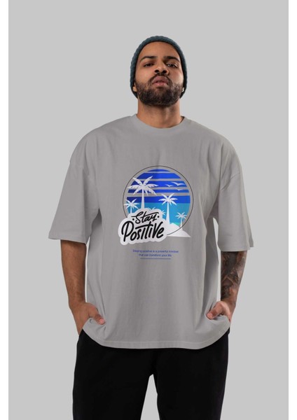 Stay Positive Yazılı Ön Baskılı Gri Oversize T-Shirt Unisex Erkek Kadın Bisiklet Yaka indirimleri