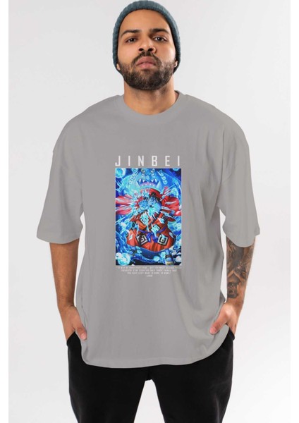 Jinbei Ön Baskılı Gri Oversize T-Shirt Unisex Erkek Kadın Bisiklet Yaka
