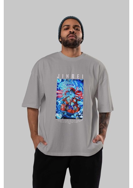 Jinbei Ön Baskılı Gri Oversize T-Shirt Unisex Erkek Kadın Bisiklet Yaka indirimleri