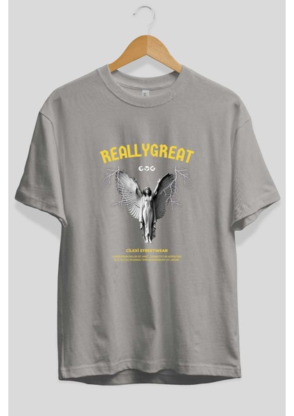 Reallygreat Angel Ön Baskılı Gri Oversize T-Shirt Unisex Erkek Kadın Bisiklet Yaka fiyatları