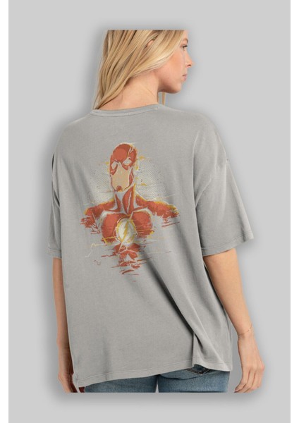 Flash Avengers Arka Baskılı Gri Oversize T-Shirt Bisiklet Yaka Pamuk Erkek Kadın modelleri