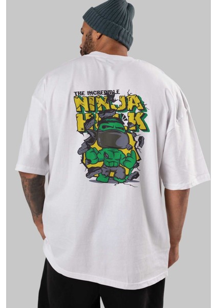 Hulk (5) Arka Baskılı Beyaz Oversize T-Shirt Bisiklet Yaka Pamuk Erkek Kadın indirimleri