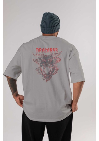 Game Of Thrones Dracarys Arka Baskılı Gri Oversize T-Shirt Bisiklet Yaka Pamuk Erkek Kadın