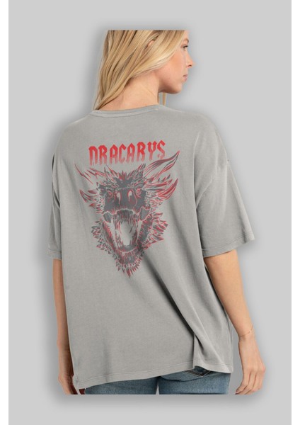Game Of Thrones Dracarys Arka Baskılı Gri Oversize T-Shirt Bisiklet Yaka Pamuk Erkek Kadın