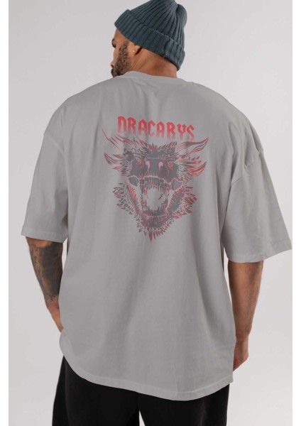 Game Of Thrones Dracarys Arka Baskılı Gri Oversize T-Shirt Bisiklet Yaka Pamuk Erkek Kadın