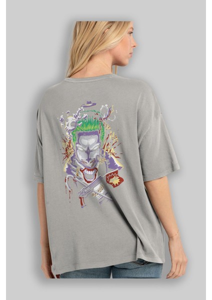 Joker Arka Baskılı Gri Oversize T-Shirt Bisiklet Yaka Pamuk Erkek Kadın modelleri