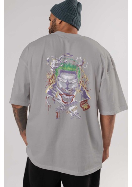 Joker Arka Baskılı Gri Oversize T-Shirt Bisiklet Yaka Pamuk Erkek Kadın indirimleri