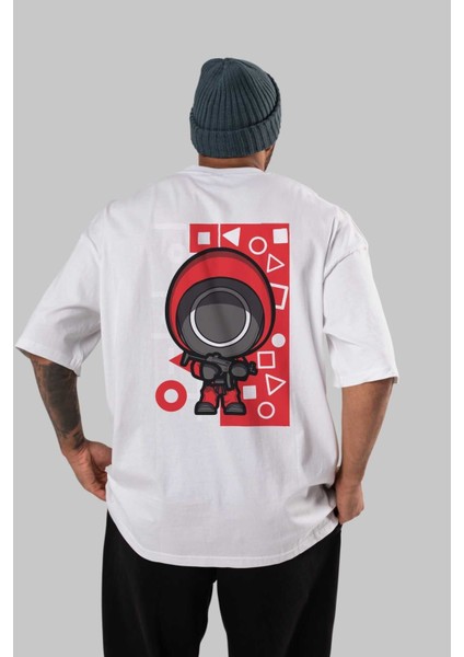 Squid Game (4) Arka Baskılı Beyaz Oversize T-Shirt Bisiklet Yaka Pamuk Erkek Kadın