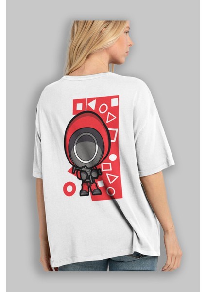 Squid Game (4) Arka Baskılı Beyaz Oversize T-Shirt Bisiklet Yaka Pamuk Erkek Kadın modelleri