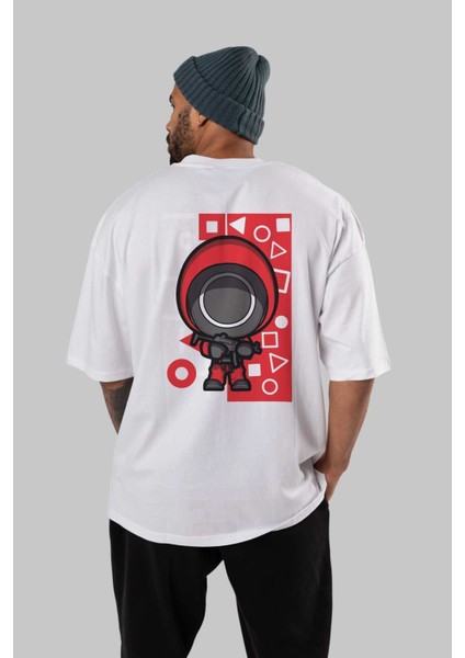 Squid Game (4) Arka Baskılı Beyaz Oversize T-Shirt Bisiklet Yaka Pamuk Erkek Kadın fırsatları