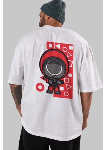 Squid Game (4) Arka Baskılı Beyaz Oversize T-Shirt Bisiklet Yaka Pamuk Erkek Kadın indirimleri