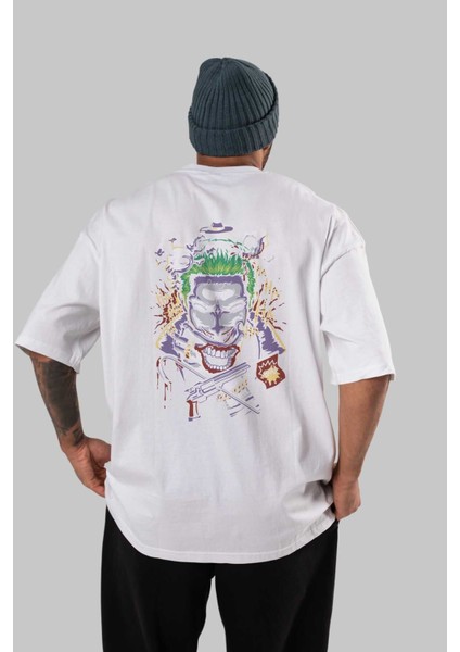 Joker Arka Baskılı Beyaz Oversize T-Shirt Bisiklet Yaka Pamuk Erkek Kadın