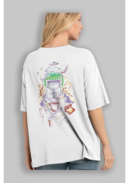 Joker Arka Baskılı Beyaz Oversize T-Shirt Bisiklet Yaka Pamuk Erkek Kadın modelleri