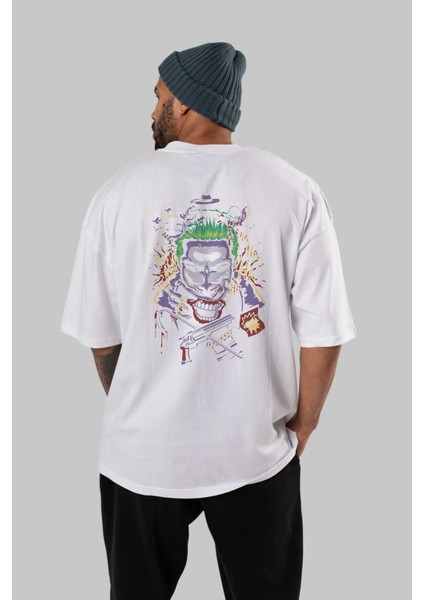 Joker Arka Baskılı Beyaz Oversize T-Shirt Bisiklet Yaka Pamuk Erkek Kadın fırsatları