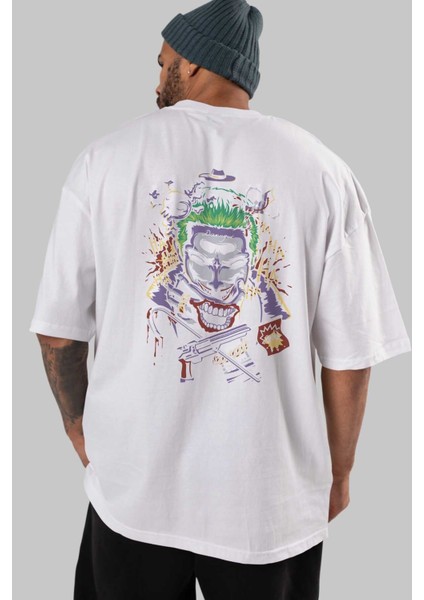 Joker Arka Baskılı Beyaz Oversize T-Shirt Bisiklet Yaka Pamuk Erkek Kadın indirimleri