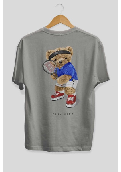 Teddy Bear Play Hard Arka Baskılı Gri Oversize T-Shirt Unisex Erkek Kadın Bisiklet Yaka fiyatları