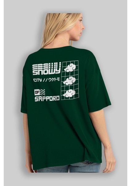 Snowy City Of Sapporo Arka Baskılı Zümrüt Yeşili Oversize T-Shirt Erkek Kadın Bisiklet Yaka fırsatları