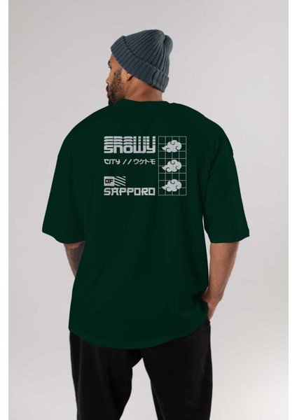 Snowy City Of Sapporo Arka Baskılı Zümrüt Yeşili Oversize T-Shirt Erkek Kadın Bisiklet Yaka indirimleri