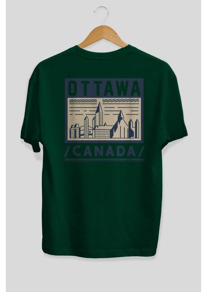 Ottawa Arka Baskılı Zümrüt Yeşili Oversize T-Shirt Erkek Kadın Bisiklet Yaka fiyatları