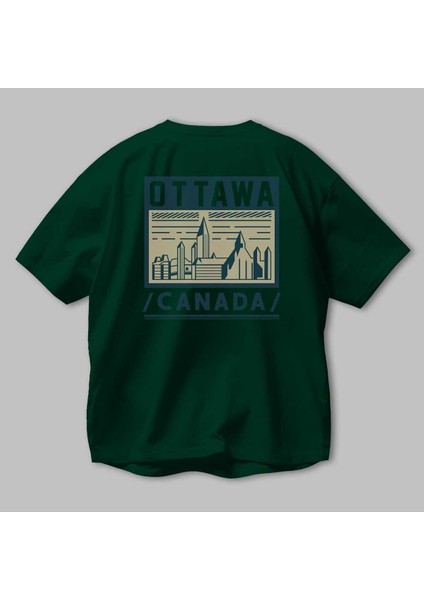 Ottawa Arka Baskılı Zümrüt Yeşili Oversize T-Shirt Erkek Kadın Bisiklet Yaka modelleri