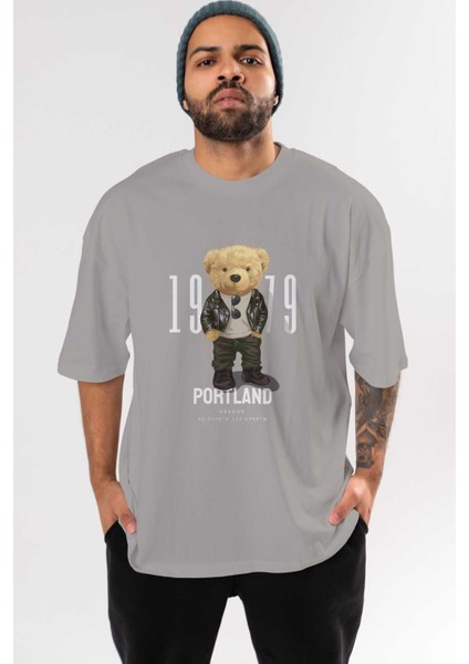 Teddy Bear Portland Ön Baskılı Gri Oversize T-Shirt Unisex Erkek Kadın Bisiklet Yaka