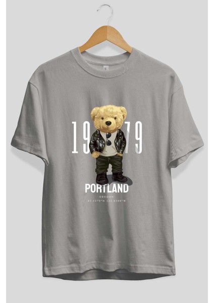 Teddy Bear Portland Ön Baskılı Gri Oversize T-Shirt Unisex Erkek Kadın Bisiklet Yaka fiyatları