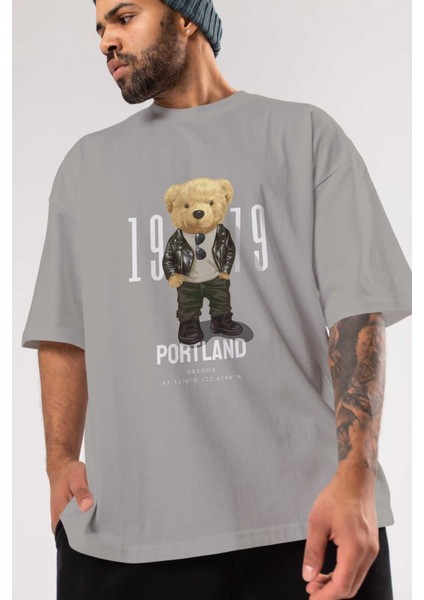 Teddy Bear Portland Ön Baskılı Gri Oversize T-Shirt Unisex Erkek Kadın Bisiklet Yaka modelleri