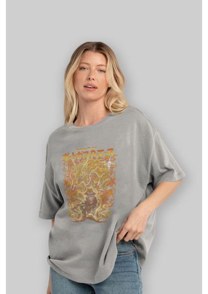 Portgas D. Ace Anime Ön Baskılı Gri Oversize T-Shirt %100 Pamuk Erkek Kadın fırsatları