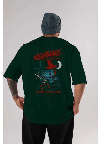 Nightmare Elm Sokağı Arka Baskılı Zümrüt Yeşili Oversize T-Shirt Bisiklet Yaka Erkek Kadın