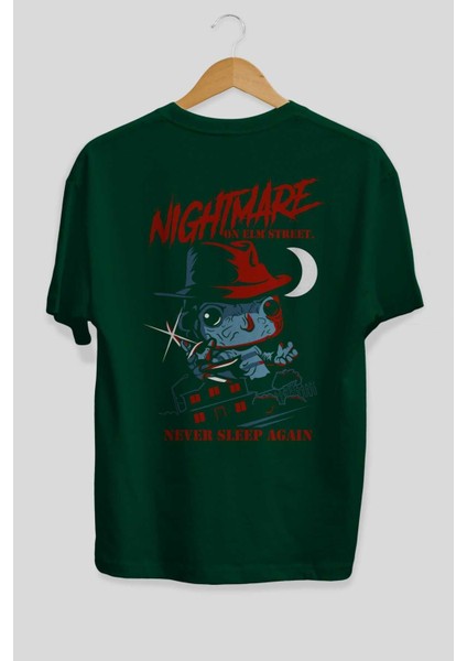 Nightmare Elm Sokağı Arka Baskılı Zümrüt Yeşili Oversize T-Shirt Bisiklet Yaka Erkek Kadın fiyatları