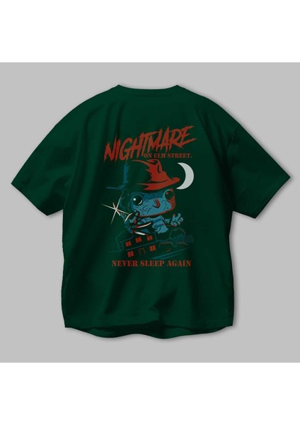 Nightmare Elm Sokağı Arka Baskılı Zümrüt Yeşili Oversize T-Shirt Bisiklet Yaka Erkek Kadın modelleri