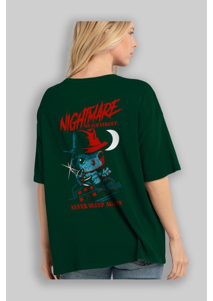 Nightmare Elm Sokağı Arka Baskılı Zümrüt Yeşili Oversize T-Shirt Bisiklet Yaka Erkek Kadın fırsatları