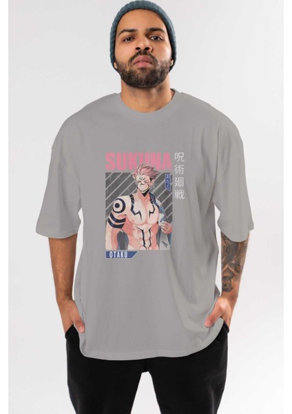 Sukuna Ryoumen 1 Anime Ön Baskılı Gri Oversize T-Shirt %100 Pamuk Erkek Kadın