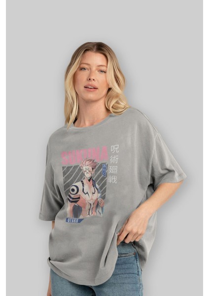 Sukuna Ryoumen 1 Anime Ön Baskılı Gri Oversize T-Shirt %100 Pamuk Erkek Kadın fırsatları