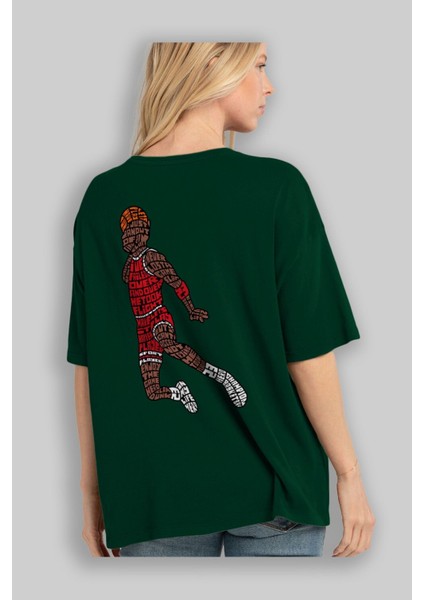 Slamdunk Arka Baskılı Zümrüt Yeşili Oversize T-Shirt Erkek Kadın Bisiklet Yaka fırsatları