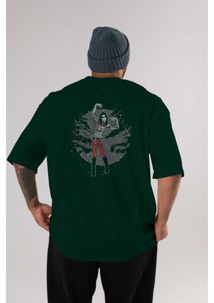 Marilyn Manson Arka Baskılı Zümrüt Yeşili Oversize T-Shirt Unisex Erkek Kadın Bisiklet Yaka