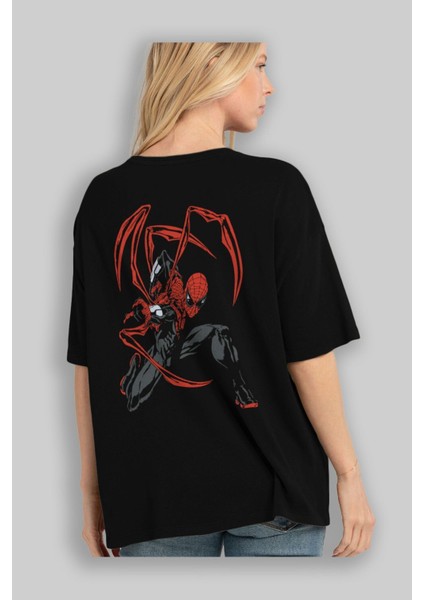 Spiderman (16) Arka Baskılı Siyah Oversize T-Shirt Bisiklet Yaka Pamuk Erkek Kadın fırsatları