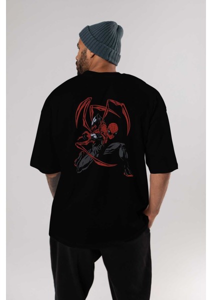 Spiderman (16) Arka Baskılı Siyah Oversize T-Shirt Bisiklet Yaka Pamuk Erkek Kadın indirimleri