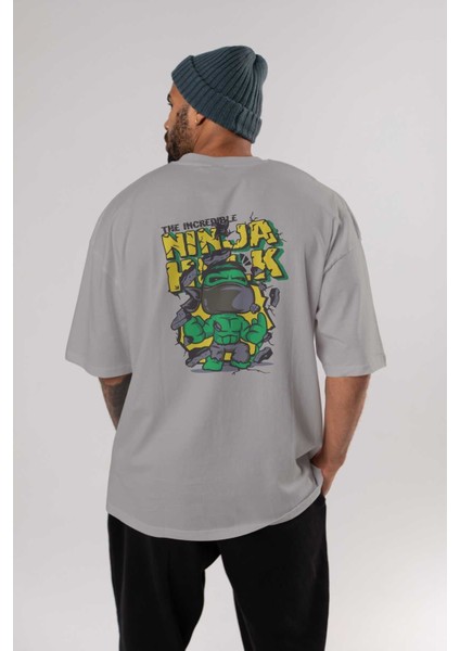 Hulk (5) Arka Baskılı Gri Oversize T-Shirt Bisiklet Yaka Pamuk Erkek Kadın fırsatları