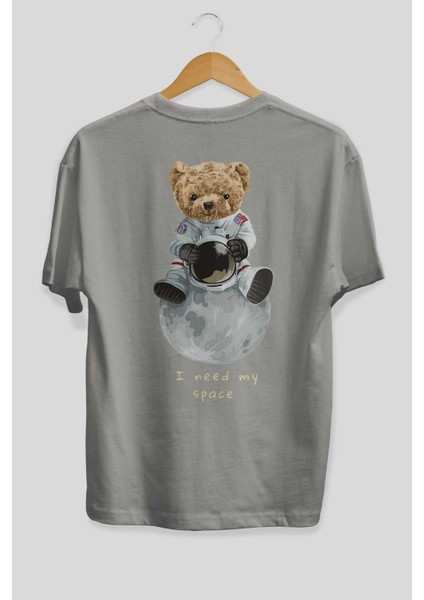 Teddy Bear I Need My Space Arka Baskılı Gri Oversize T-Shirt Unisex Erkek Kadın Bisiklet Yaka fiyatları